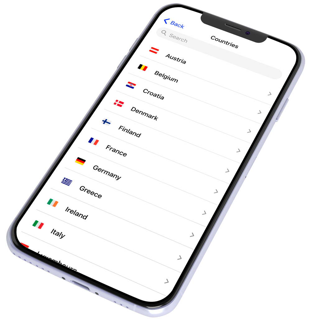 Glamping in Europe, app screenshot of countries list