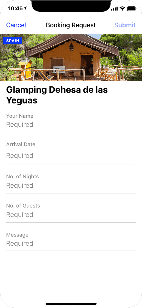 Glamping in Spain - booking request, app screenshot