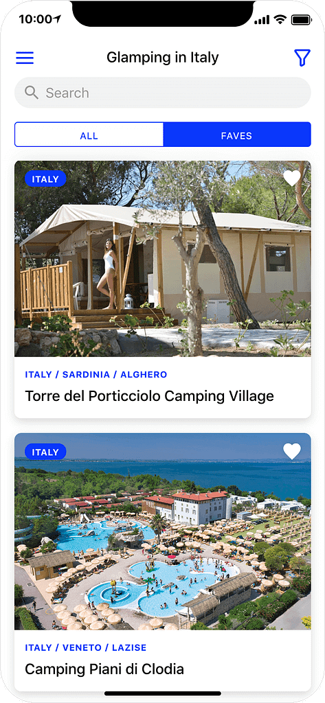 Glamping in Italy - search results page, app screenshot