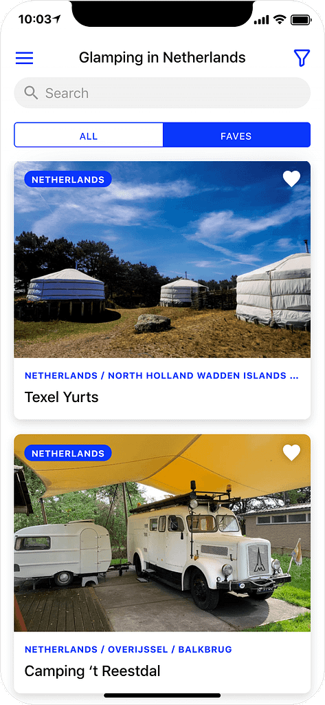 Glamping in The Netherlands - search results page of app screenshot