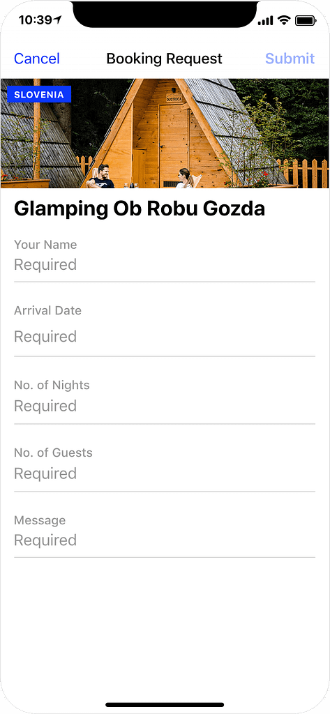 Glamping in Slovenia - booking request, app screenshot