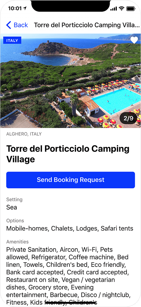 Glamping in Italy - details page, app screenshot