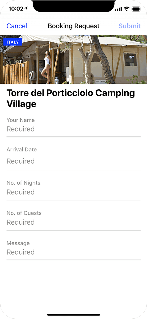 Glamping in Italy - booking request, app screenshot