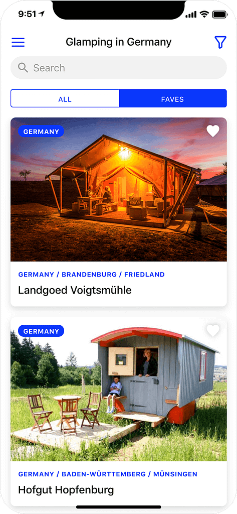 Glamping in Germany - search results page, app screenshot