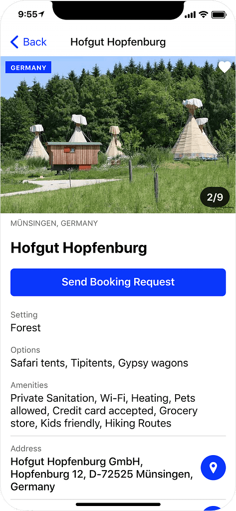 Glamping in Germany - details page, app screenshot