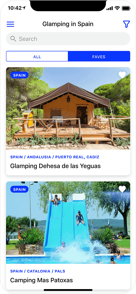 Glamping in Spain - search results page, app screenshot
