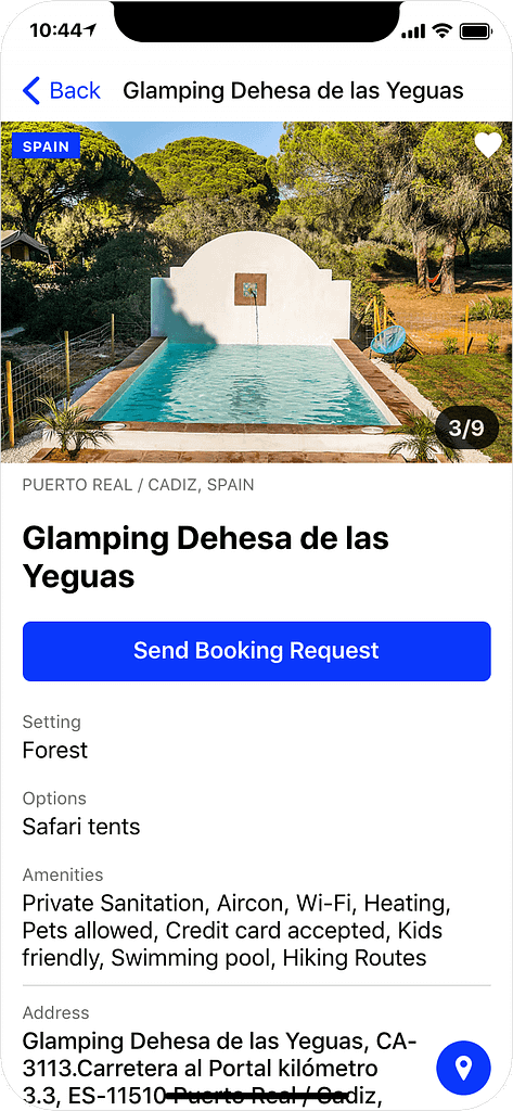 Glamping in Spain - details page, app screenshot