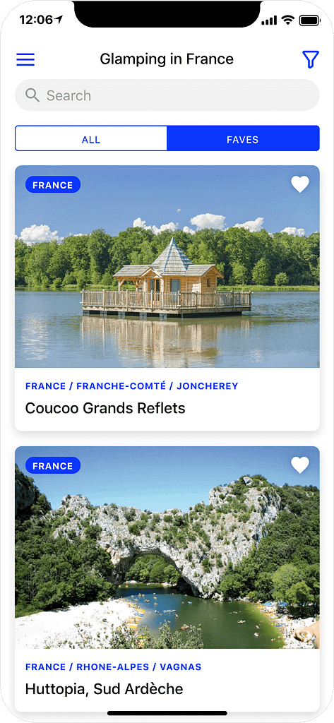 Glamping in France - search results page, app screenshot