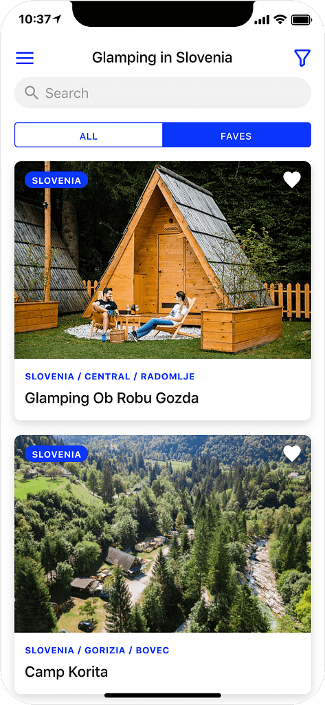 Glamping in Slovenia - search results page, app screenshot