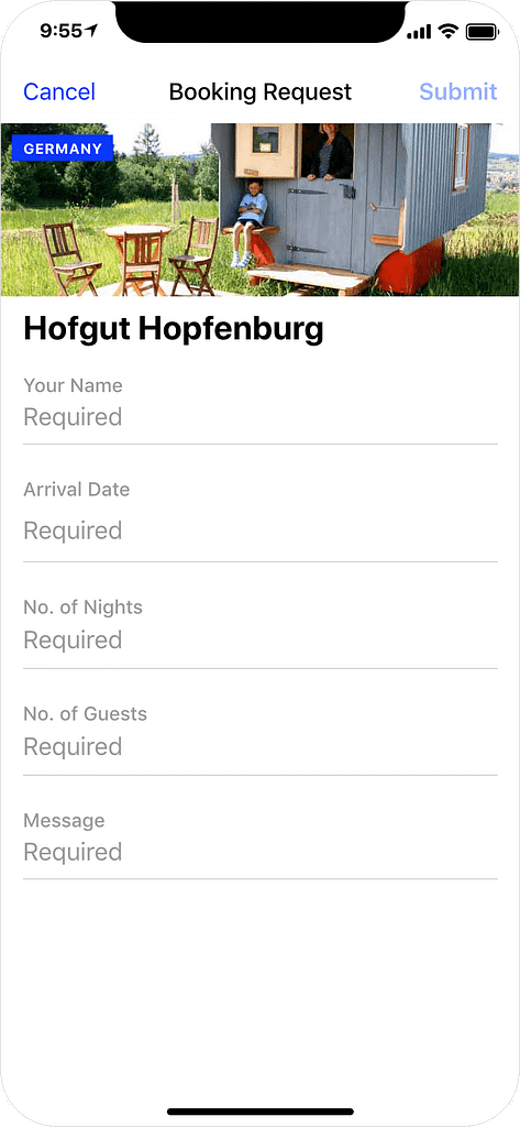 Glamping in Germany - booking request, app screenshot